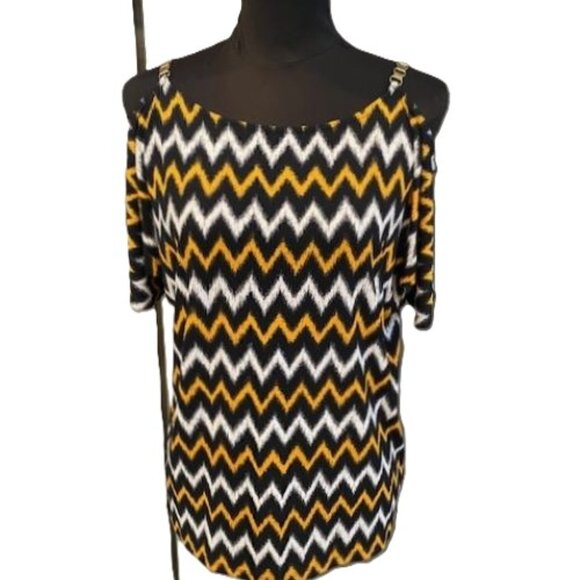 MICHAEL KORS Ikat Pattern Chain-Strap-Cold-Shoulder-Blouse ( MEDIUM ) NWT $89.50 - Picture 3 of 5